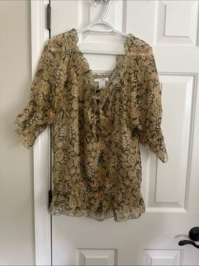 Paisley Ruffle Sheer Blouse in Olive Green